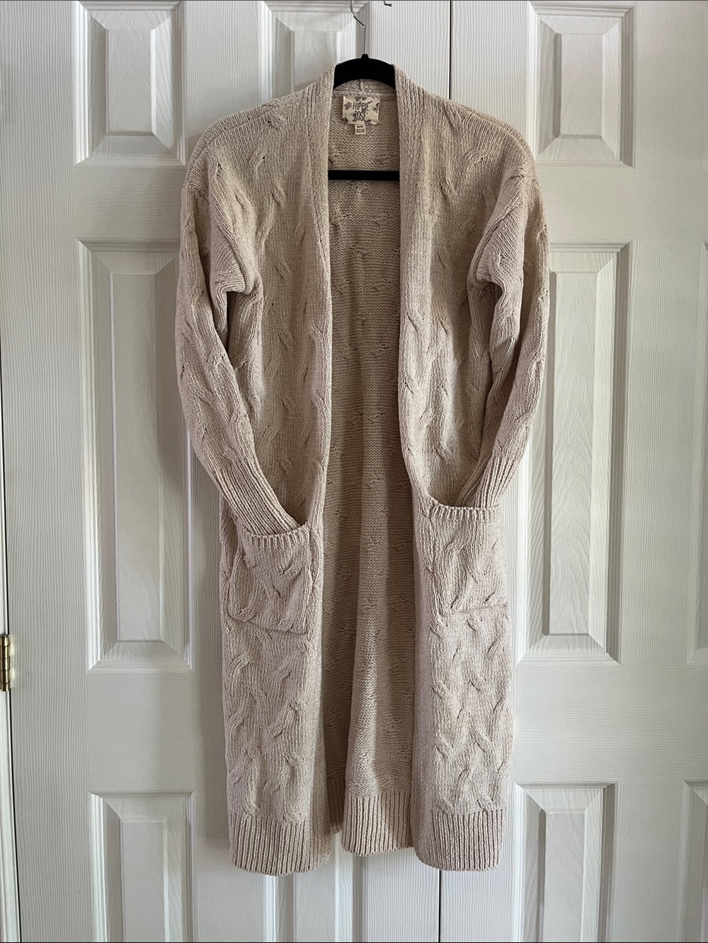 Hippie Rose Long Open-Front Cable Knit Cardigan - Cream Size Small